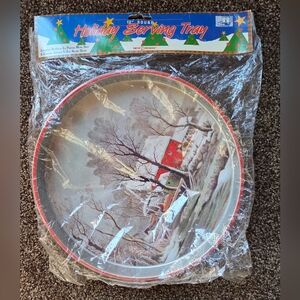Vtg Metal Christmas Serving Tray 12" Round Cookie Platter Winter Red Barn Horses